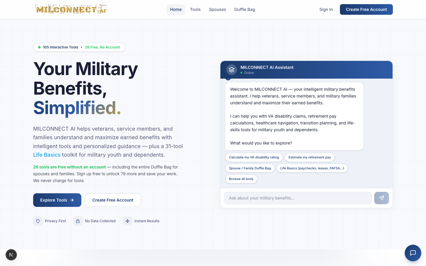 MILCONNECT.AI homepage — hero, value props, and the free-tool callout
