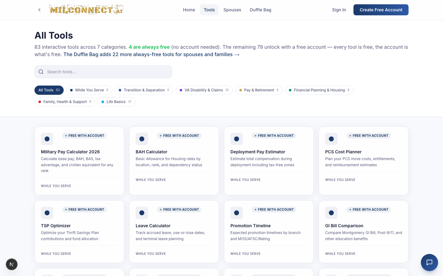 Tools index — categories and the 105 interactive tools