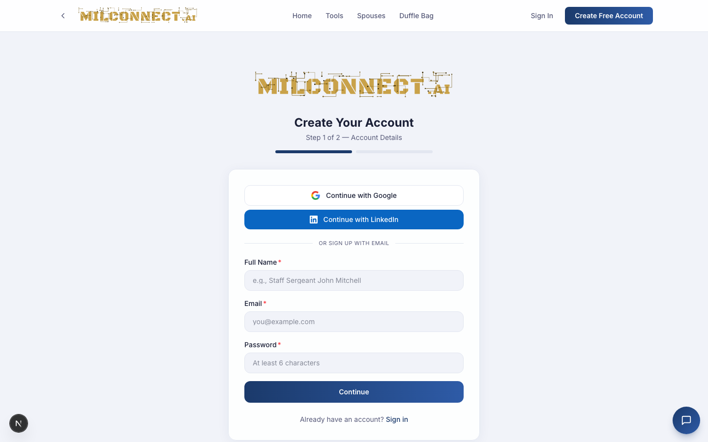Signup page — name, email, password, and the routing-critical Status pick