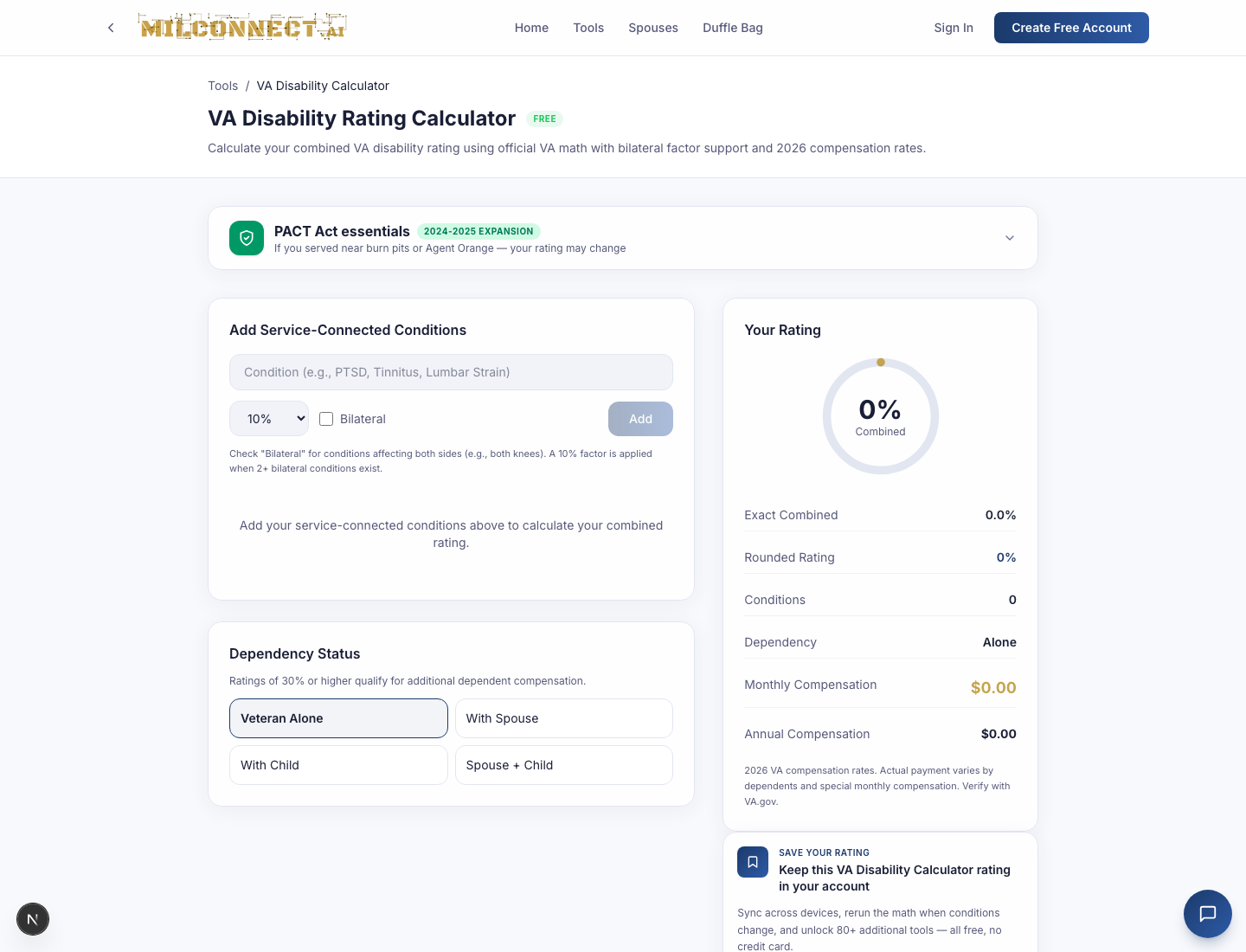 VA Disability Rating Calculator — blank state