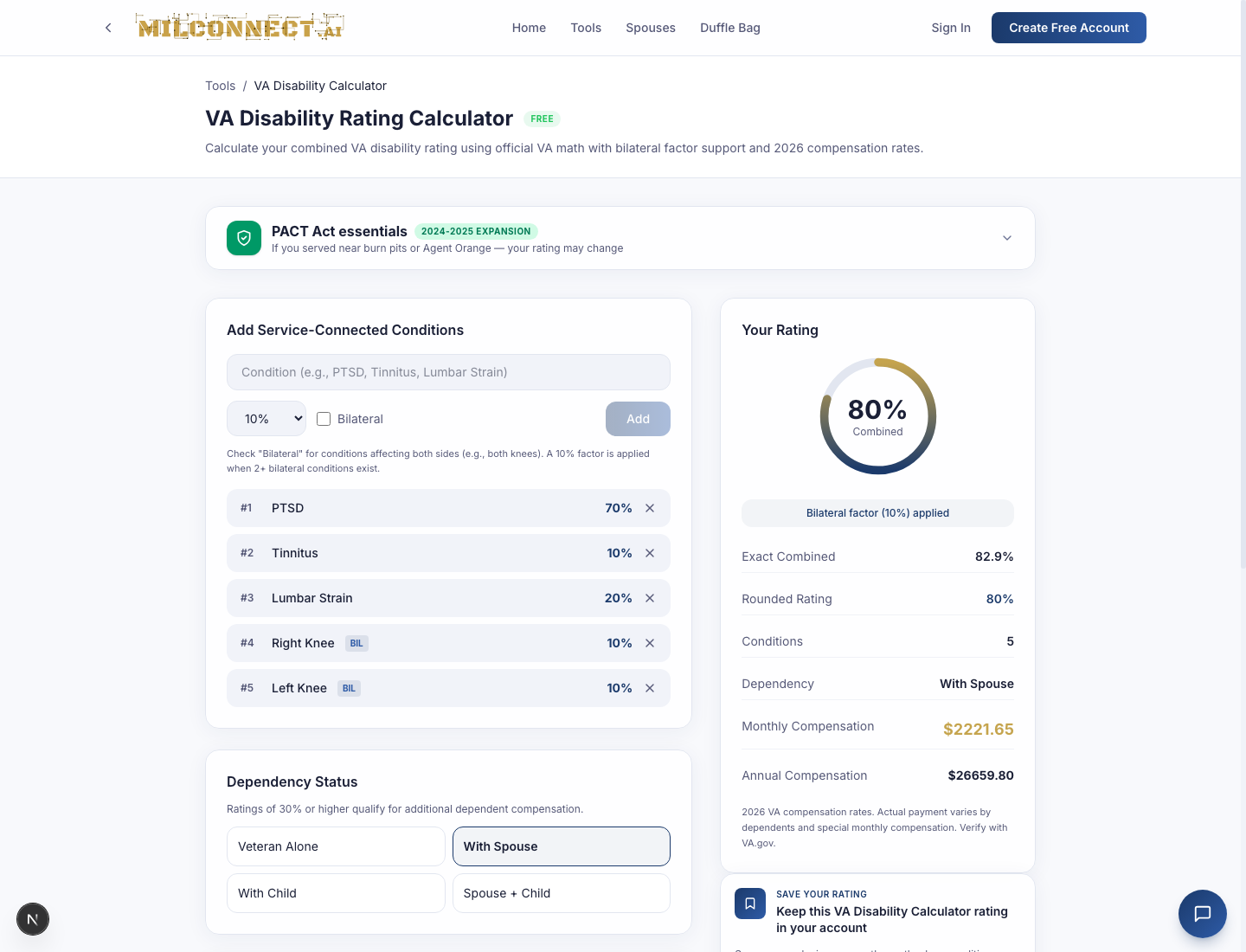 VA Disability Rating Calculator — with example data populated