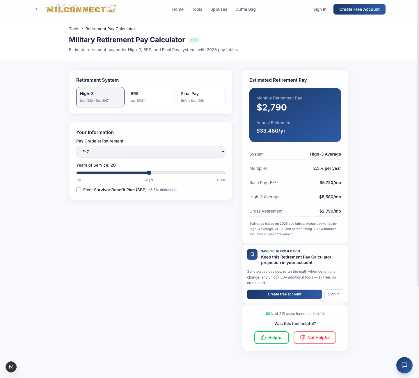 Retirement Pay Calculator — with example data populated