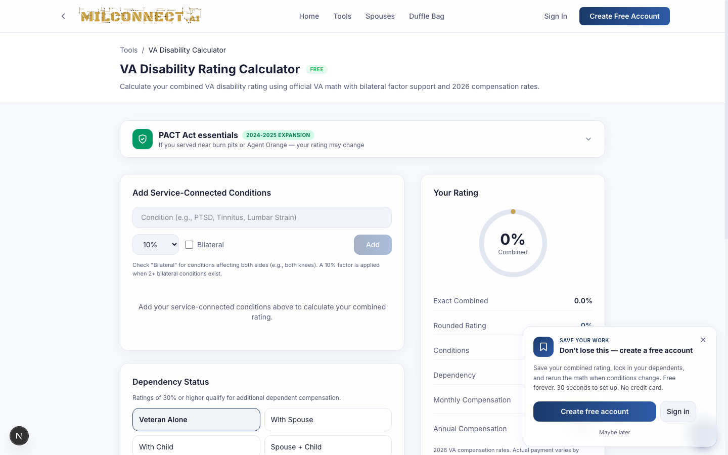 The save-to-account nudge that slides in on free-tool pages