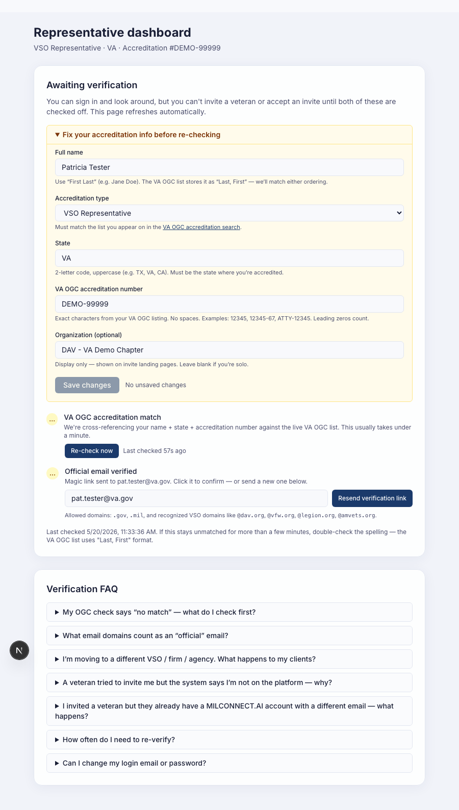 Pending dashboard after entering pat.tester@va.gov in the official-email field. The dashboard shows 'Official email verified' alongside the address, with a 'Resend verification link' button next to it. The amber accreditation edit panel and OGC checklist row remain visible above.