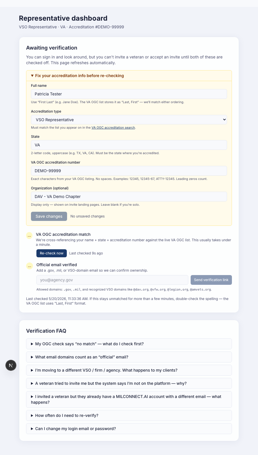 Pending representative dashboard with the amber 'Fix your accreditation info' edit panel expanded, showing editable Full name, Accreditation type, State, accreditation number, and organization fields with format hints under each. Below it, the OGC accreditation match row reads 'No OGC match' with a 'Re-check now' button, and the official-email row shows an empty input for a .gov / .mil / VSO address.